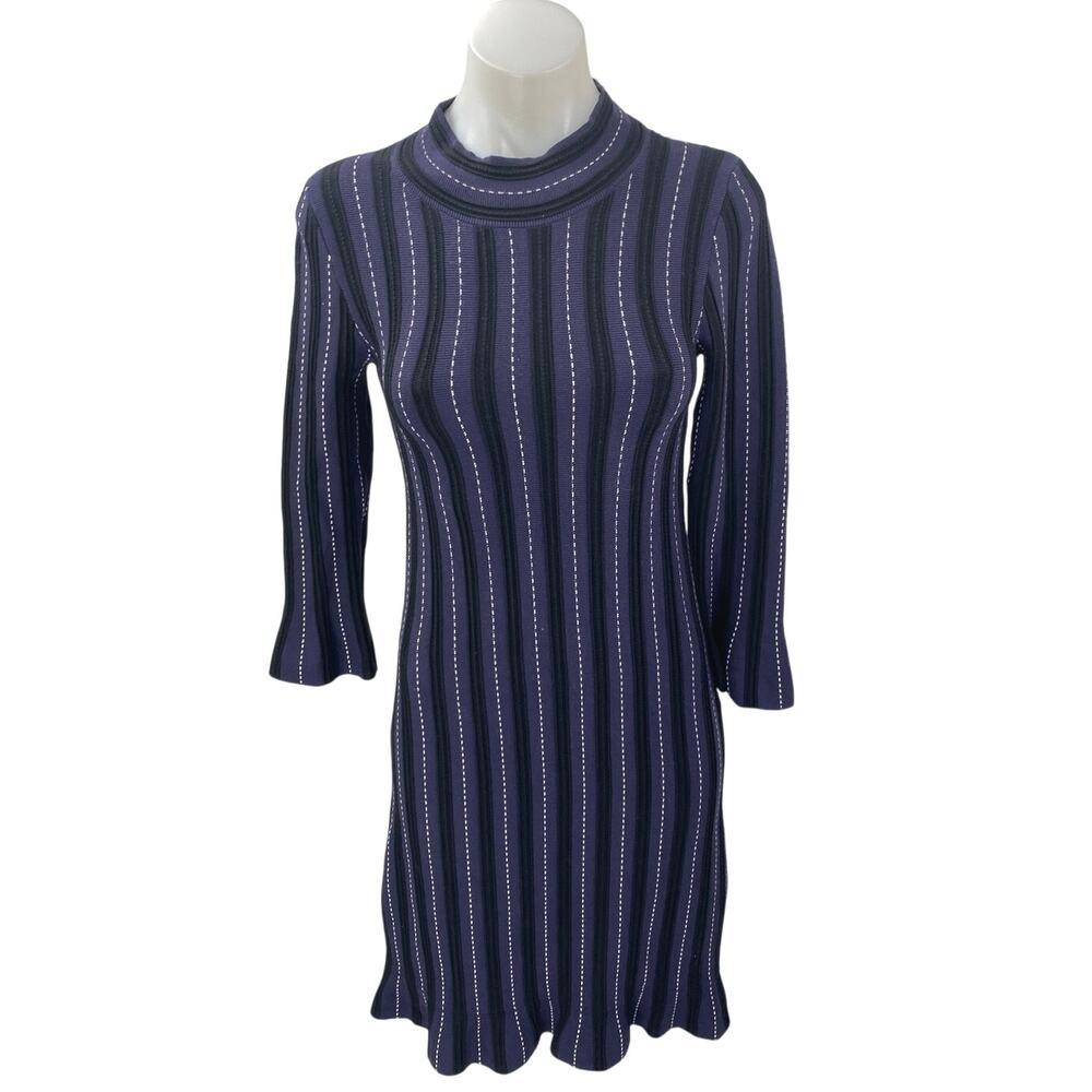 Ann Taylor Purple Black Long Bell Sleeve Mock Neck Mini Sweater Dress Size XXS